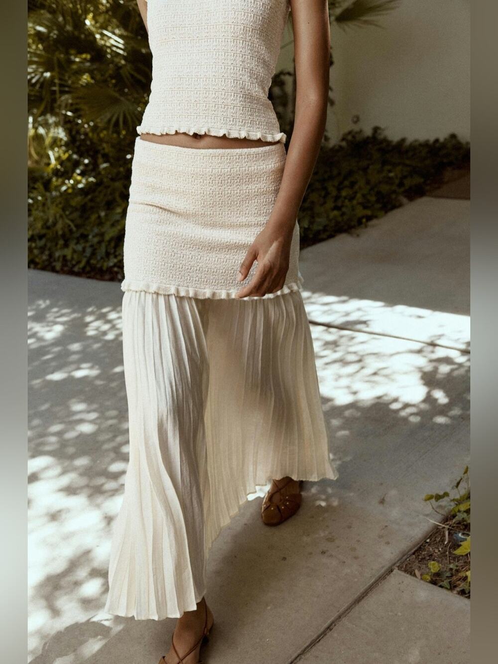 Zara Knit Ruffle Contrast Pleated Maxi Skirt